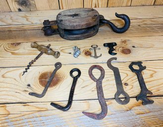 Old Wooden Pulley And Tool Lot