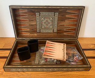 Inlaid Mosaic Backgammon Set In Mother Of Pearl Wood Case