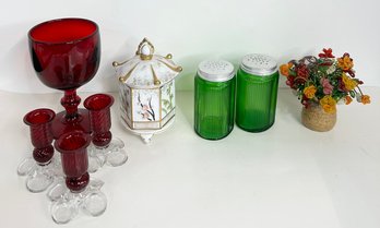 Colorful Lot Of Ruby Red Glass, Depression Green Glass, Ceramic Trinket Box, And Bead Flowers
