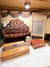 Misc. Vintage Wood Lot, With A Sugar Shaker, Small Whisk, Cigar Boxes, From The Dominican Republic,