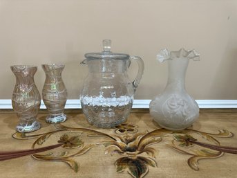 Glass Pitcher, Vase And Two Fun Glass Vases