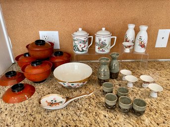 Asian Group Including Sake Sets, Rice Bowls & Soup Spoons