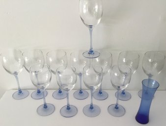 Blue Stem Water & Wine Glasses & Blue Bud Vase.