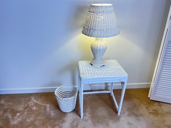 Wicker Side Table, Lamp, And Waste Basket