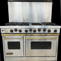 A  48' Viking Professional LP 6 Burner Range With Grill - Stainless With Brass Trim