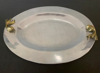 Polished Anodized Aluminum Large Oval Serving Tray With Brass Coi Fish Handles