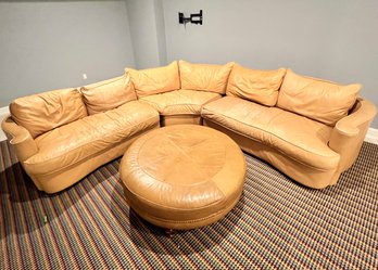 Leather Three Piece Curved Sectional Sofa And Round Ottoman