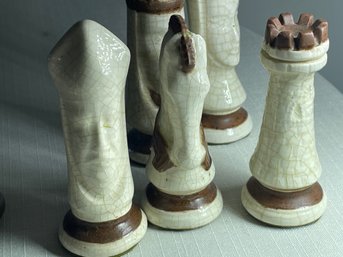 Vintage Glazed Porcelain Ceramic Chess Pieces Set 32 Ornate Felt Bottom