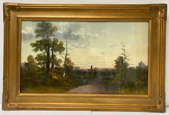 Late 19th C Tonalism Pastel Landscape With Steeple Gilt Frame Signed Gilt Frame 14 X 24