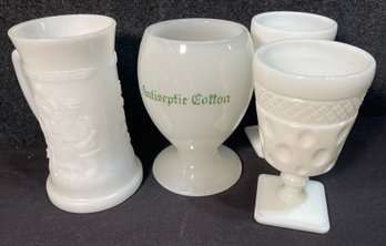 Two Milk Glass McKee Goblets, Federal Stein Mug & JHK Antiseptic Cotton Ball Holder