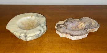 Pair Of Vintage Alabaster And Petrified Wood Ashtrays