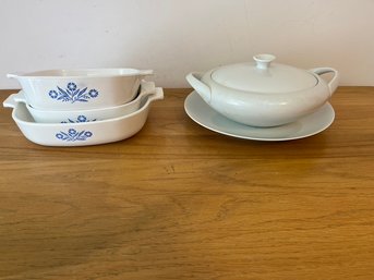 Vintage Corning Blue Corn Flower, Lidded Bowl & Holiday Plate