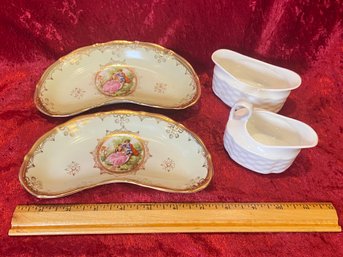 2 Vintage Arnart Crescent Moon Porcelain Dish Gold Rim Courting Couple Coalport Bone China Creamer Sugar Set