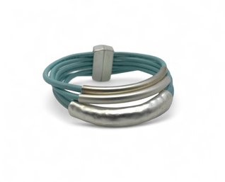 Silver Tone Metal & Blue Leather Cored Magnetic Bracelet