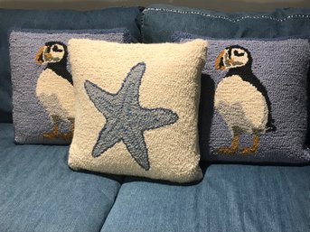 Trio Of L.L.BEAN Puffer And Starfish Hooked Wool Accent  Pillows