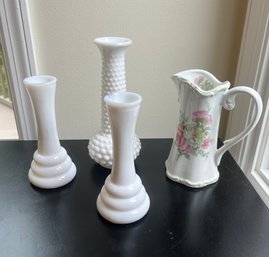 Vintage Milk Glass Vases & Victorian Pitcher