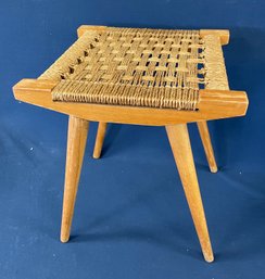Vintage Mid Century Modern Yugoslavian Woven Seat Wood Stool / Foot Stool