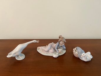 Small Group Of Lladro Figurines - Goose, Girl & Ducks