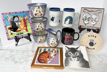 Great Cat Lot Items -  Vtg Molly Dallas Spatterware, Laurel Burch, 2 Otagiri Tall Mugs, Cat Trivets