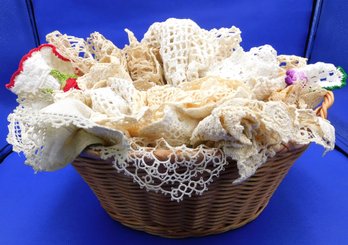 Antique Crocheted Linens/doilies In Basket