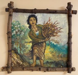 Vintage Folk Art Oil On Board Girl With Twigs Signed Wainio Asian Vietnamese Frame Hand Made From Tree Branch