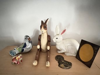 Lot With Wooden Bunny, Ceramic Bunny, Bird, Silverplate Photo Frame,