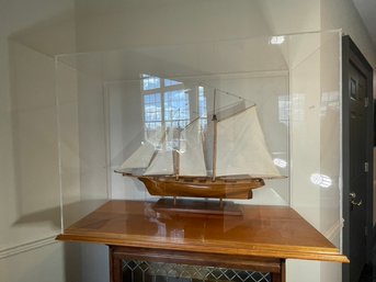 Handmade Wooden Schooner Ship Model In Plxiglass Display Case With Wood Bottom