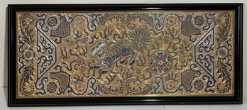 Vintage Asian Gold Threaded, Fabric Dragon, Foo Dog Framed Picture