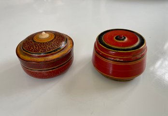 Vintage Pair Of Turned And Painted Round Indian Boxes