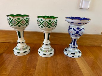 Set Of 2 White And Green Glass Holders And One Blue One