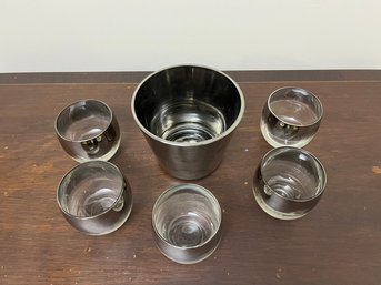 Silver Band Cocktail Glasses Set Of 5 With Matching Ice Bucket