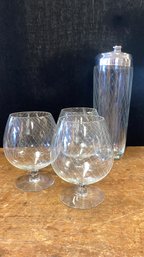 A Set Of MCM Etched Shaker With Three Cognac Snifter