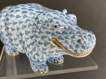 Vtg Herend Figurine Hippo In Blue -Purchased From Gump's 1993-  Always Curio Kept-Mint Condition-What A SMILE!
