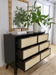 Exquisite PULASKI Six Drawer Cane Dresser In Black