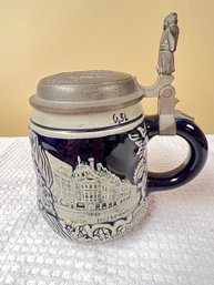 Wekara # 5411 Beer Stein, Cobalt And Bone, With Robed Man On Top