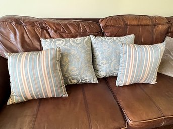 FOUR Teal And Bone Colored Throw Pillows, With The Striped With A Soft Hue Of Peach In The Mix