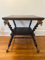 Handsome Leather Top Console Table With Barely Turned Legs, Lion Heads & Ball And Claw Feet