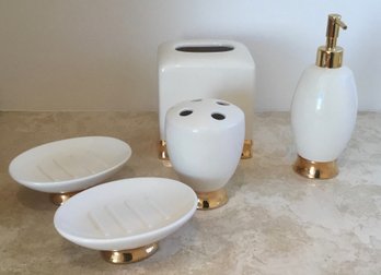 Porcelain Satin & Ivory Gold Banding Bathroom 5 Piece Accessory Lot