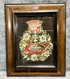 Framed Victorian Needlepoint Of A Chalice On A Bible In A Bed Of Lilies