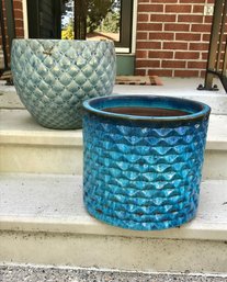 Pair Of Stunning Blue Glazed Terra Cotta Planter Pots