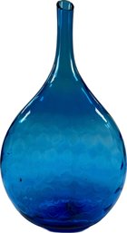 AQUA BLUE GLASS VASE: Vintage Mid-Century Decorative Hand Blown Bottle, Impressed Circle Textures In Glass