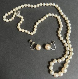 Vintage Cultured Pearl Necklace 14K White Gold Clasp Matching Earrings Settings Marked 14K 20 In. Length