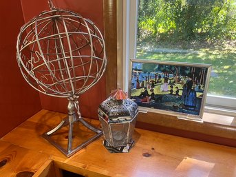 Vintage Stainless Steel Globe, Tin Lantern And Stained Glass Art