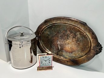 Silver Plate Tray, Ice Bucket, Quartz Clock