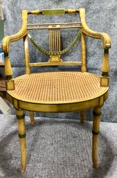 Vintage  Lyre Back Painted Arm Chair With Faux Bamboo Front Legs And Caned Seat