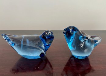 Pair Of Blue Glass 'Lovebird' Figurines