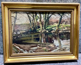 English Landscape The Pool Oil On Masonite CJ Carruthers Painting Framed