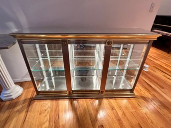 Vitrine, 2 Shelf With Bevelled Mirrored Top, Brass, Chrome, Glass, And It All Lights Up!