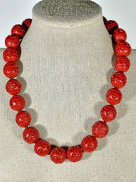 Vintage Chinese Cinnabar Carved Beaded Choker Size Necklace