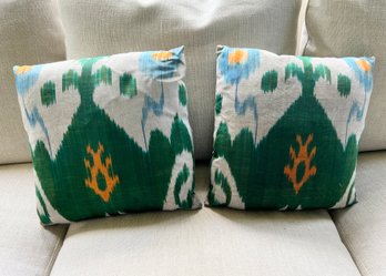 Pair Of  Silk Ikat Throw Pillow Cases With Down Inserts